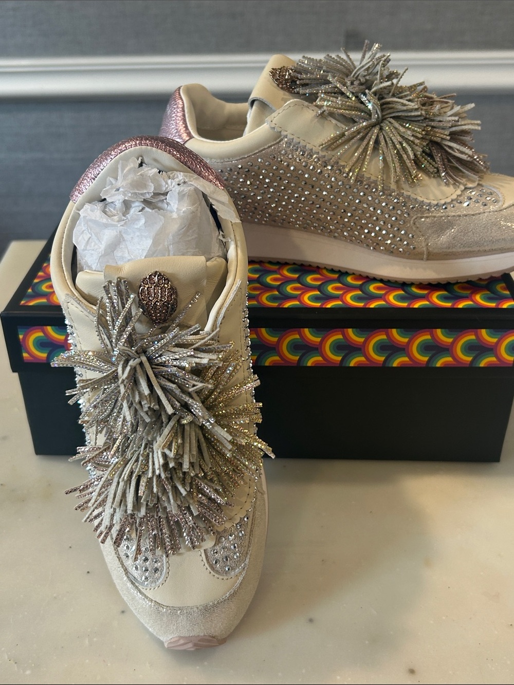 Kurt Geiger Cream and Rose Gold Embellished Sneakers